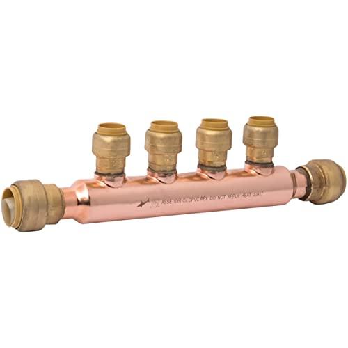 SharkBite 3/4 Inch x 1/2 Inch Outlet 4 Port Open Multi-Port Tee, Push-to-Connect Brass Plumbing Fittings, PEX, Copper, CPVC, 25554LF