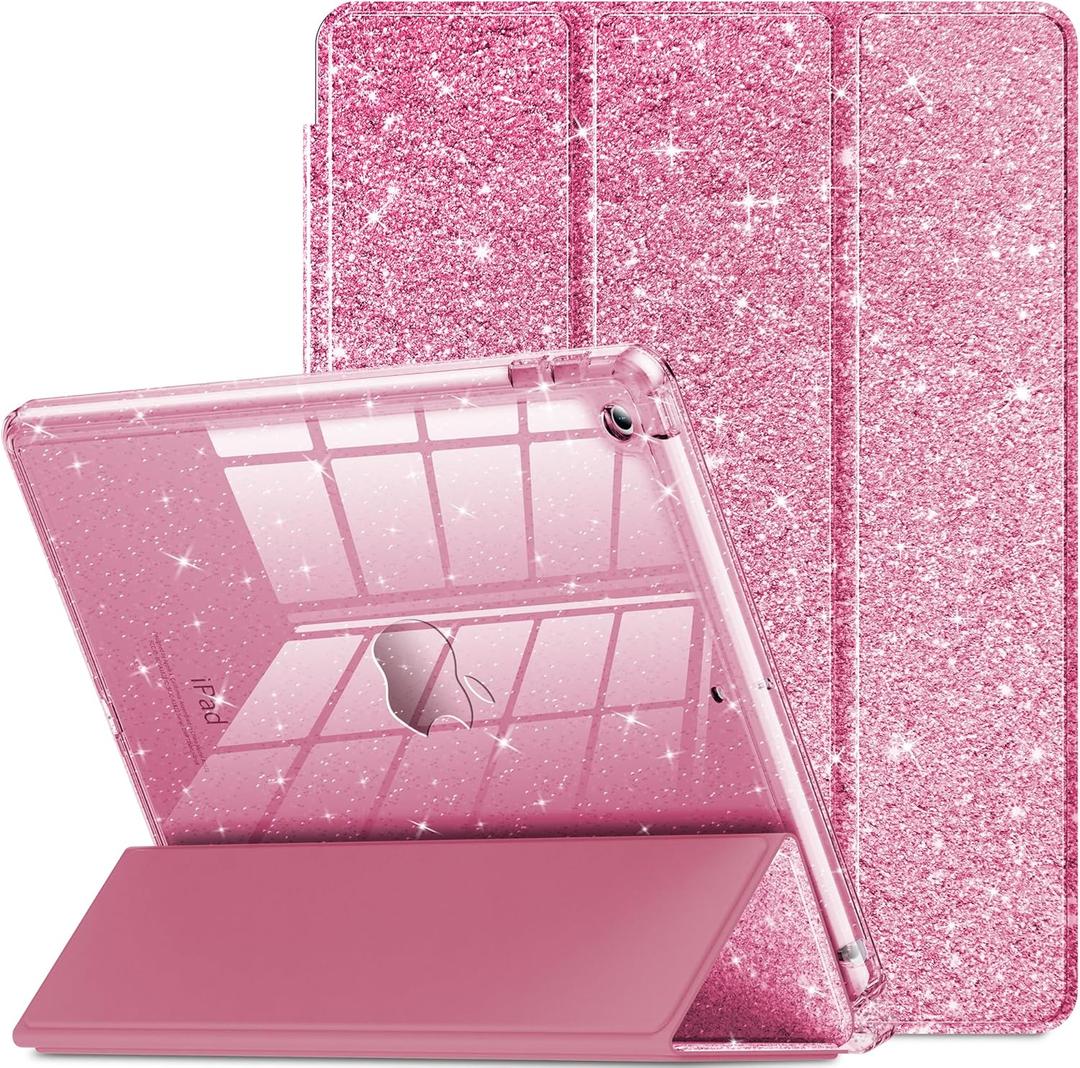 INFILAND for iPad 9th/8th/7th Generation Case 2021/2020/2019 10.2 inch, Glitter Slim Protective Cover with Clear Back, Pencil Holder for Kids Girls for iPad 7/8/9 Gen, Pink