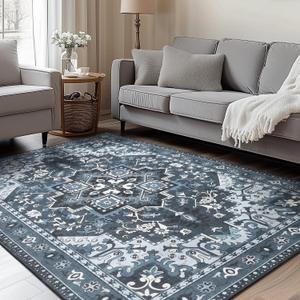 Rugflix 5x7 Area Rugs Machine Washable, Dark Navy Blue Carpet for Living Room, Oriental Indoor Area Rug Low Pile, Large Soft Thick Carpets Non Slip, Farmhouse Vintage Rug for Bedroom Dining Room