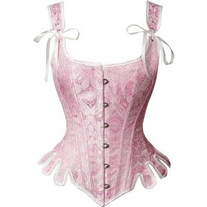 Charmian Women's Victorian Vintage Boned Brocade Lace Up Bustier Overbust Corset Top with Straps Pink Medium