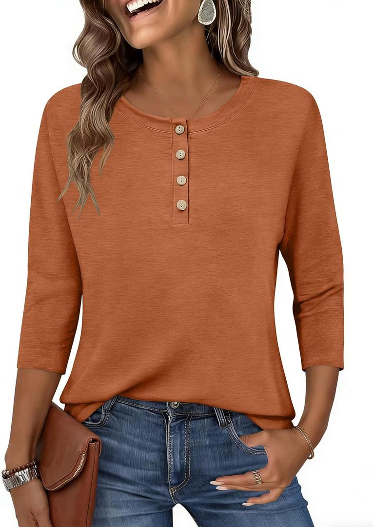 Zeagoo Womens Tops 3/4 Length Sleeve T Shirts Dressy Casual Button Down Blouses Spring Fall Clothes (Small)