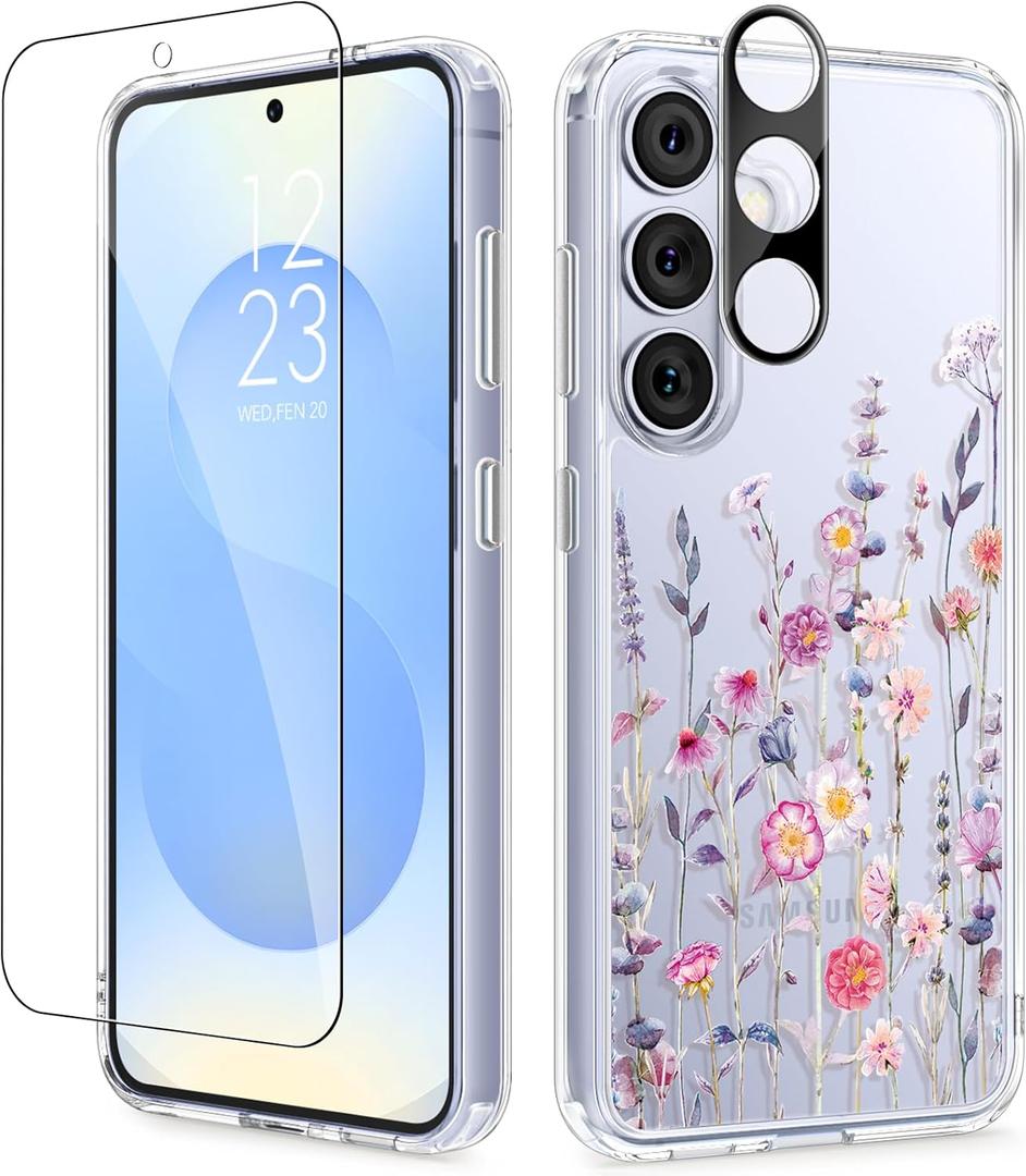 GVIEWIN for Samsung Galaxy S25 Plus Case, Clear Floral Slim Shockproof Protective Women Phone Case, Non-Yellowing, with Screen Protector & Camera Lens Protector for S25 Plus 6.7", Floratopia/Colorful