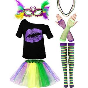 SATINIOR 5 Pcs Mardi Gras Outfit for Women Mardi Gras Costume Purple Sequin T-Shirt Skirt with Feather Mask Beads (Without a Necklaces ), Size M