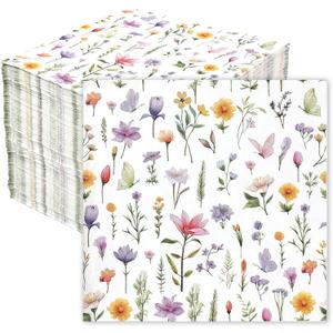 Wildflower Napkins, 100Pcs Floral Paper Napkins Disposable, 6.5x6.5 Inches Colorful Flower Butterfly Cocktail Napkin For Easter Spring Summer Picnic Wedding Baby Shower Birthday Tea Party Decorations