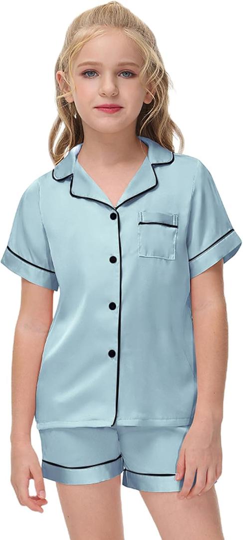 Veseacky Big Girls Boys Pajamas Set Satin Silk Short Sleeves Sleepwear 2 Piece Button-Down Classic Pjs Set (Light blue,12y)