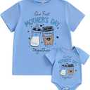 Canis Our First Mothers Day Together Mommy and Me Matching Outfit Short Sleeve Mom T-shirt Baby Bodysuit Set (Blue Mom,XXL)