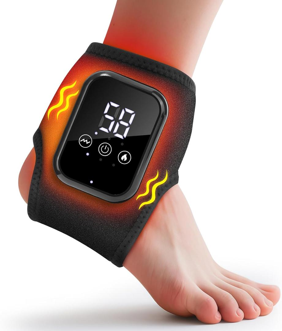 Ankle Heating Pad, Cordless Ankle Massager for Pain Relief, Heated Foot Brace Wrap with 3 Temperature Levels and 3 Vibration Modes for Men and Women, Auto Shut Off (1 Piece)