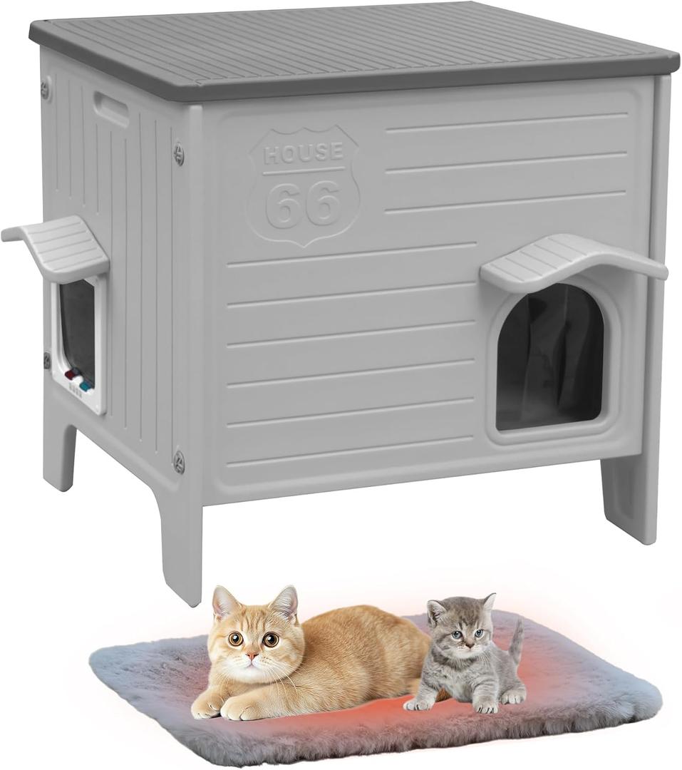 Deblue Cat House Outdoor with Cat Mat Large Weatherpoof Plastic Cats Houses with Escape Door Indoor Waterproof Feral/Pet Cat Shelter Outside for Multiple Cats (Grey)