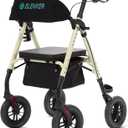 ELENKER All-Terrain Rollator Walker with 10 Non-Pneumatic Wheels, Sponge Padded Seat and Backrest, Fully Adjustment Frame for Seniors, Champagne