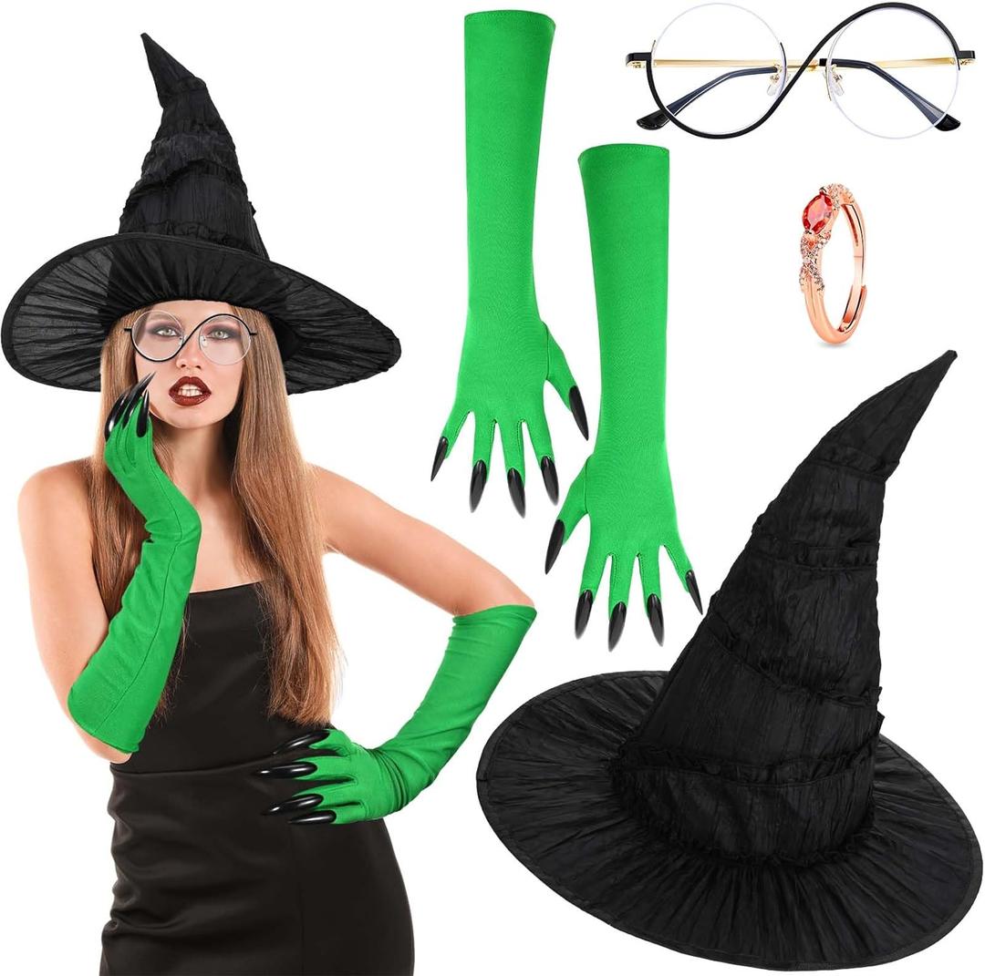 4 Pcs Witch Costume Include Black Witch Hat Glasses with Gloves and Ring for Women Halloween Movie Cosplay Props Role-playing Party