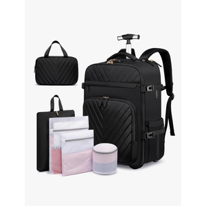 Rolling Backpack for Men, Expandable Carry On Backpack With USB Port & Lock, Laptop Backpack with Anti-theft Layer, Waterproof Business Travel Backpack with 6 Bags, Black