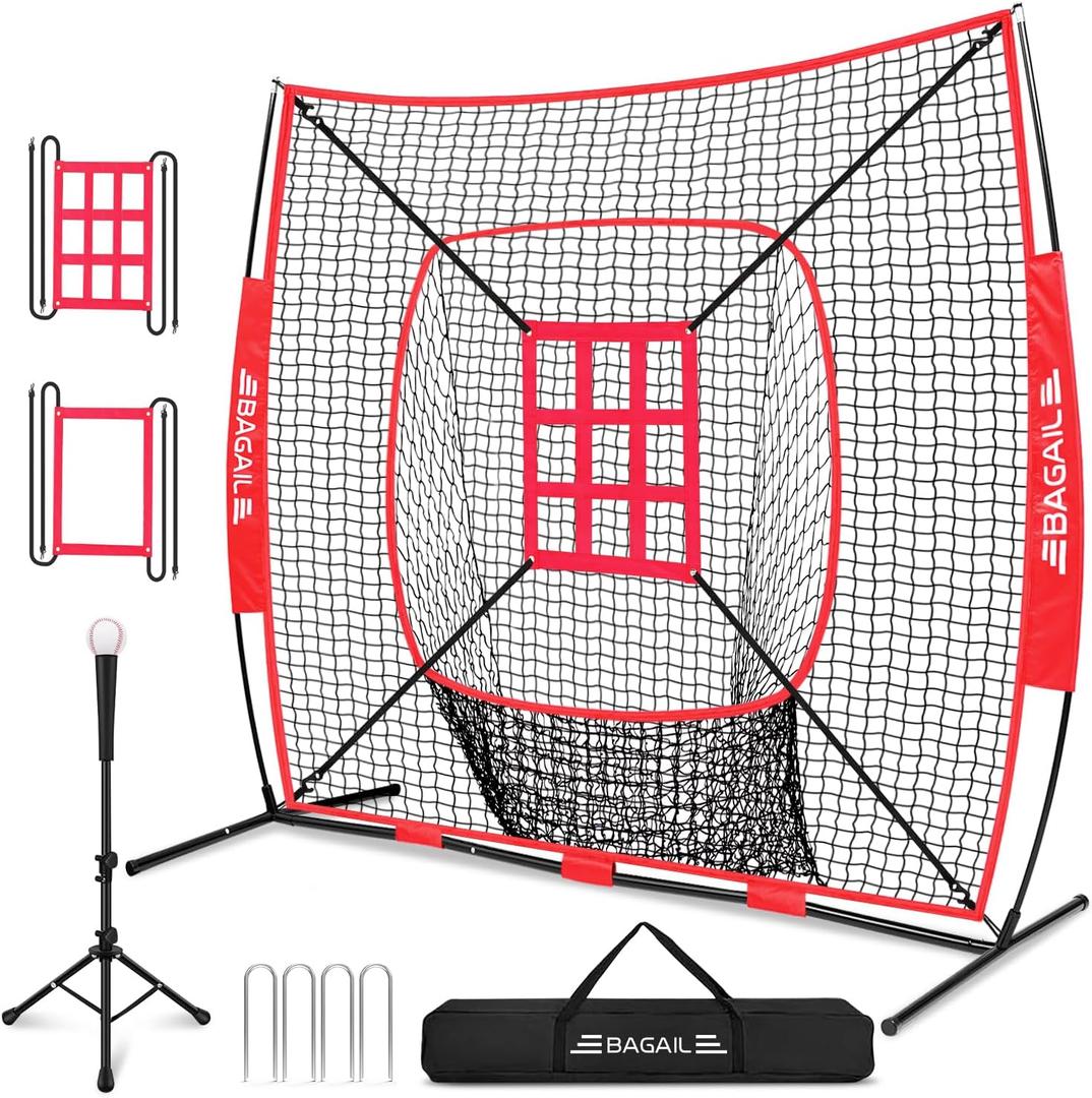 BAGAIL 7x7 ft Baseball & Softball Practice Net with Bow Frame for Batting, Hitting, Pitching, Portable Baseball Throwing Net with 2 Strike Zone Batting Tee, Carry Bag, Great for All Levels (Red)