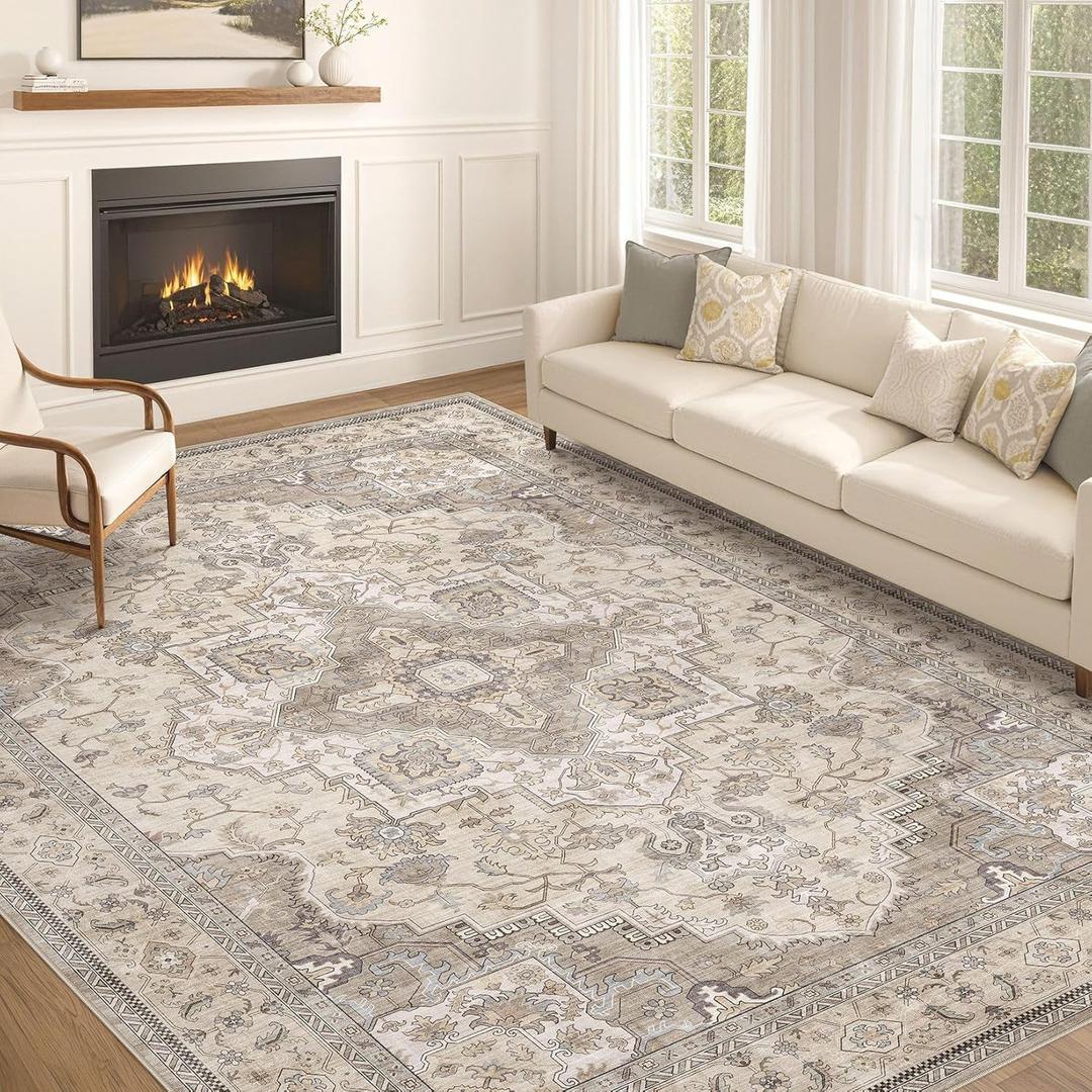 Washable Area Rugs for Living Room - 10x14 Neutral Vintage Distressed Floral Farmhouse Boho Large Soft Floor Rug Indoor Non Slip Carpet for Bedroom Dining Room Office - Brown/Multi