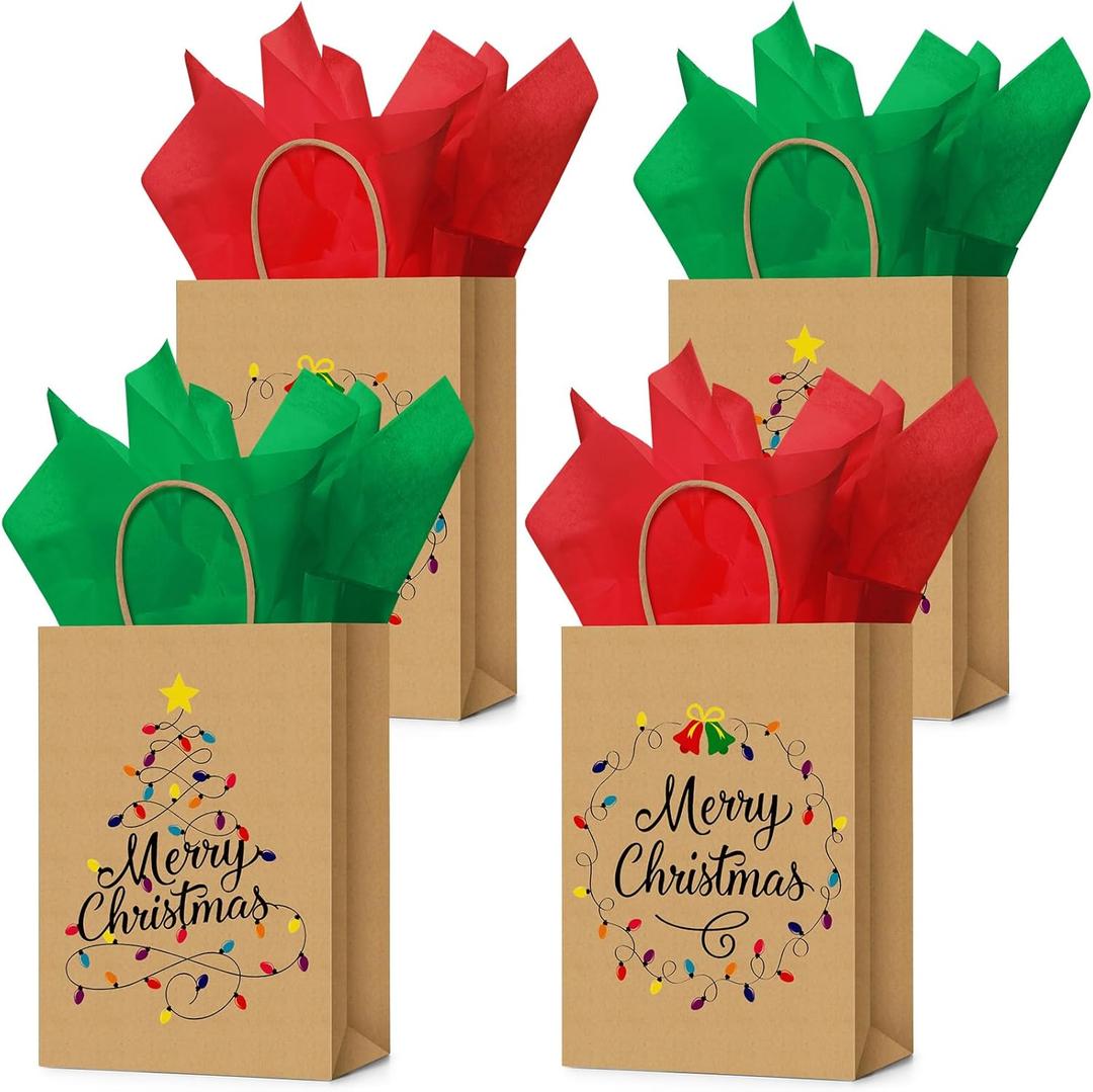 Feifeiya 24 Pcs Christmas Gift Bags with Tissue Paper 8.27 x 5.91 x 3.15'' Small Kraft Wrapping Paper Bags with Handle Bulk Xmas Light Bulb Pattern for Christmas Gift Holiday Party Supplies(Brown)