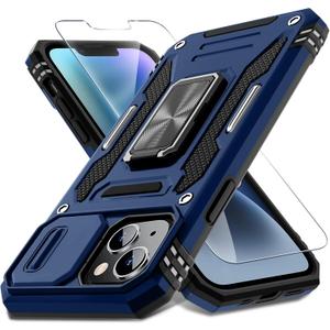 DEERLAMN Case for iPhone 14 Plus with Slide Camera Cover+Screen Protector(1 Pack), Rotated Ring Kickstand Military Grade Shockproof Protective Cover 6.7 Inch-Navy Blue