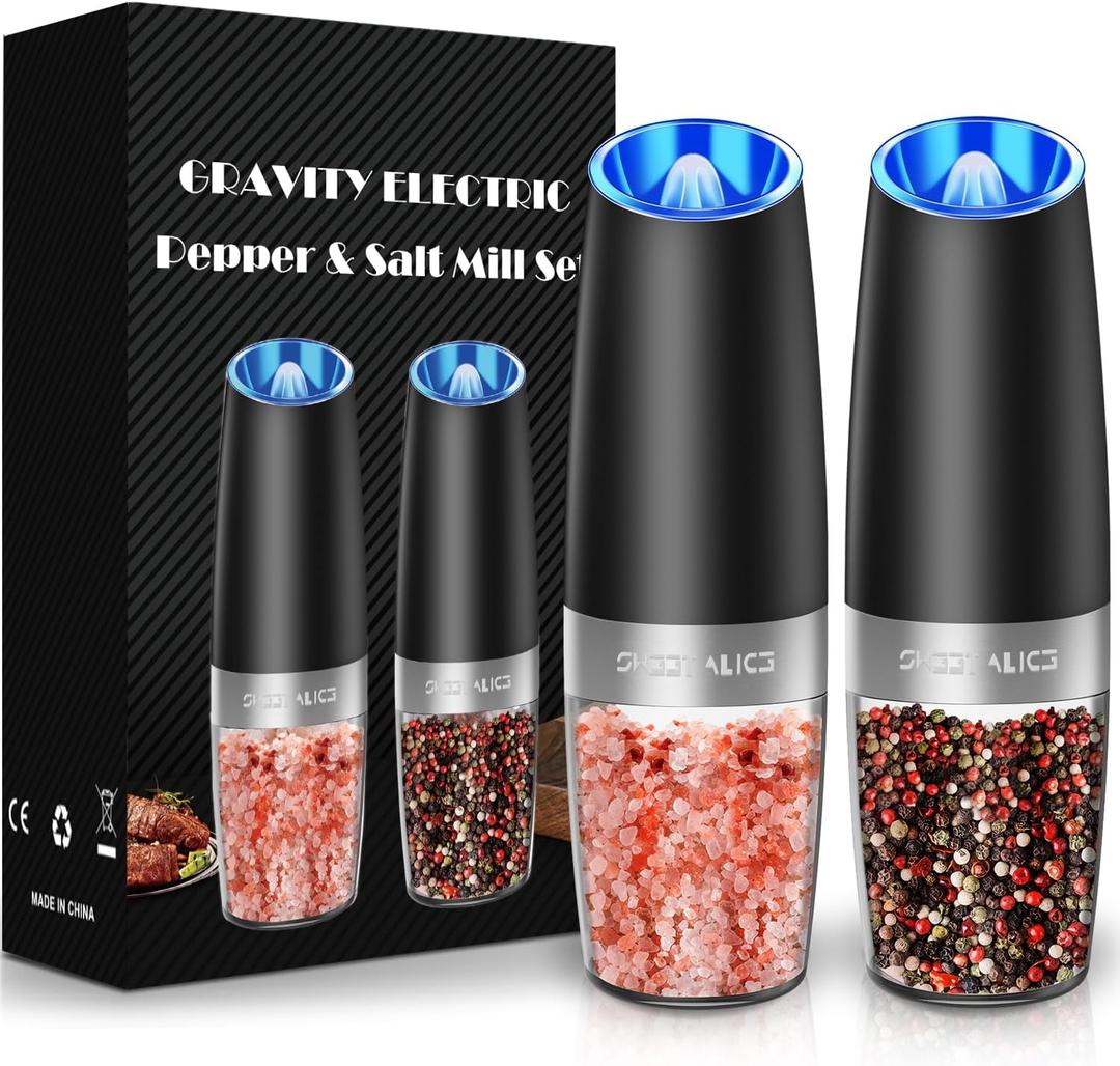 Sweet Alice Gravity Electric Pepper and Salt Grinder Set, Adjustable Coarseness, Battery Powered with LED Light, One Hand Automatic Operation, Stainless Steel Black, 2 Pack (2.5*2.5*7.9inch, Set/Black)