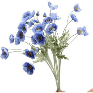 Set of 6 Poppies Flowers Artificial Silk Flowers with Long Stems Faux Wildflowers Bouquet for Vases Oil Pastel Style for Wedding Party Indoor Home Office Decor (Blue)