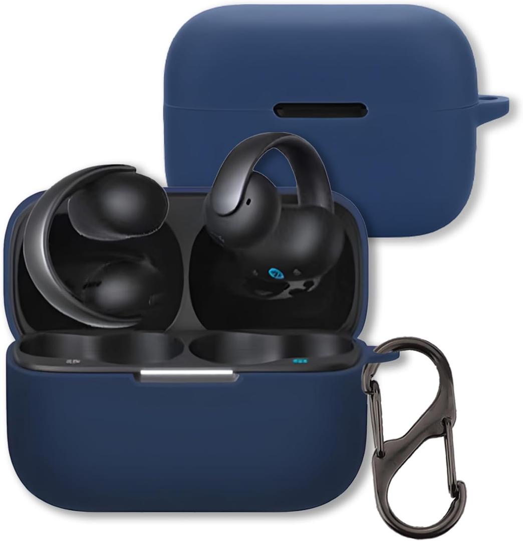 Case for Anker Soundcore AeroClip Open-Ear Earbuds, FJIASTB Soft Silicone Protective Cover with Carabiner, Shockproof (Dark Blue)