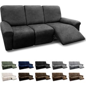 Recliner Sofa Slipcover with Pockets 8-Piece Stretch Recliner Covers 3-Seater Leather Look Reclining Couch Cover Spandex Fabric with Elastic Bottom, Pet Friendly(Recliner Sofa, Dark Grey)