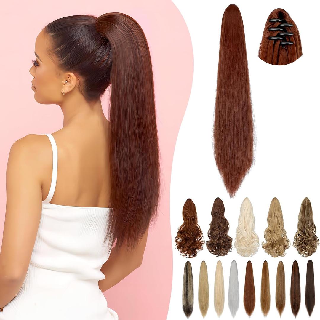 Ponytail Extension Claw 18" 20" Long Curly Wavy Straight Clip in Natural Looking Synthetic Hair Extension Ponytail Hairpiece for Women Copper Red