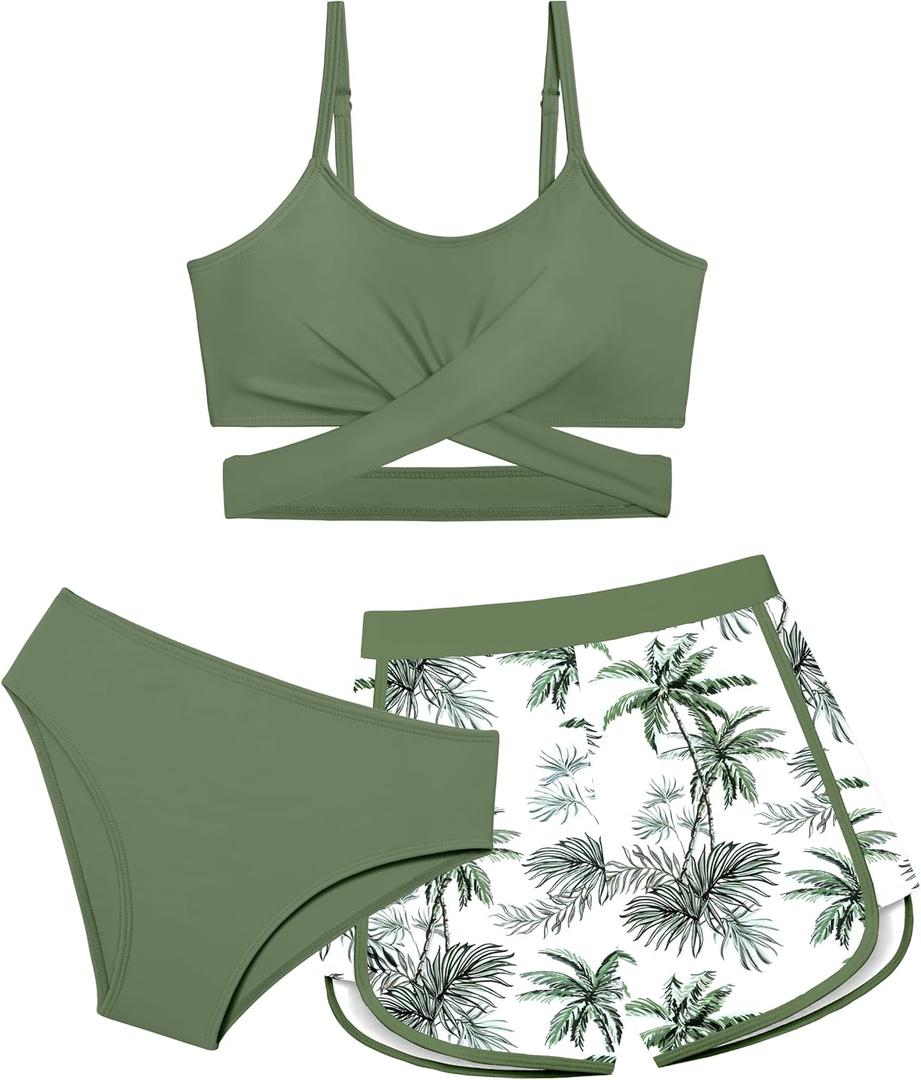 Girls Swimsuit 3 Piece Bathing Suit Criss Cross Bikini Set Girls' Swimwear with Shorts 7-16T (13-14 Years, Green)