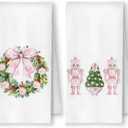 Pink Chinoiserie Christmas Kitchen Towels, Grandmillennial Christmas Dish Tea Towels, Blue White Xmas Tree Wreath Nutcracker Bell Decorative Hand Towels for Bathroom, 16x24 Inch Set of 4
