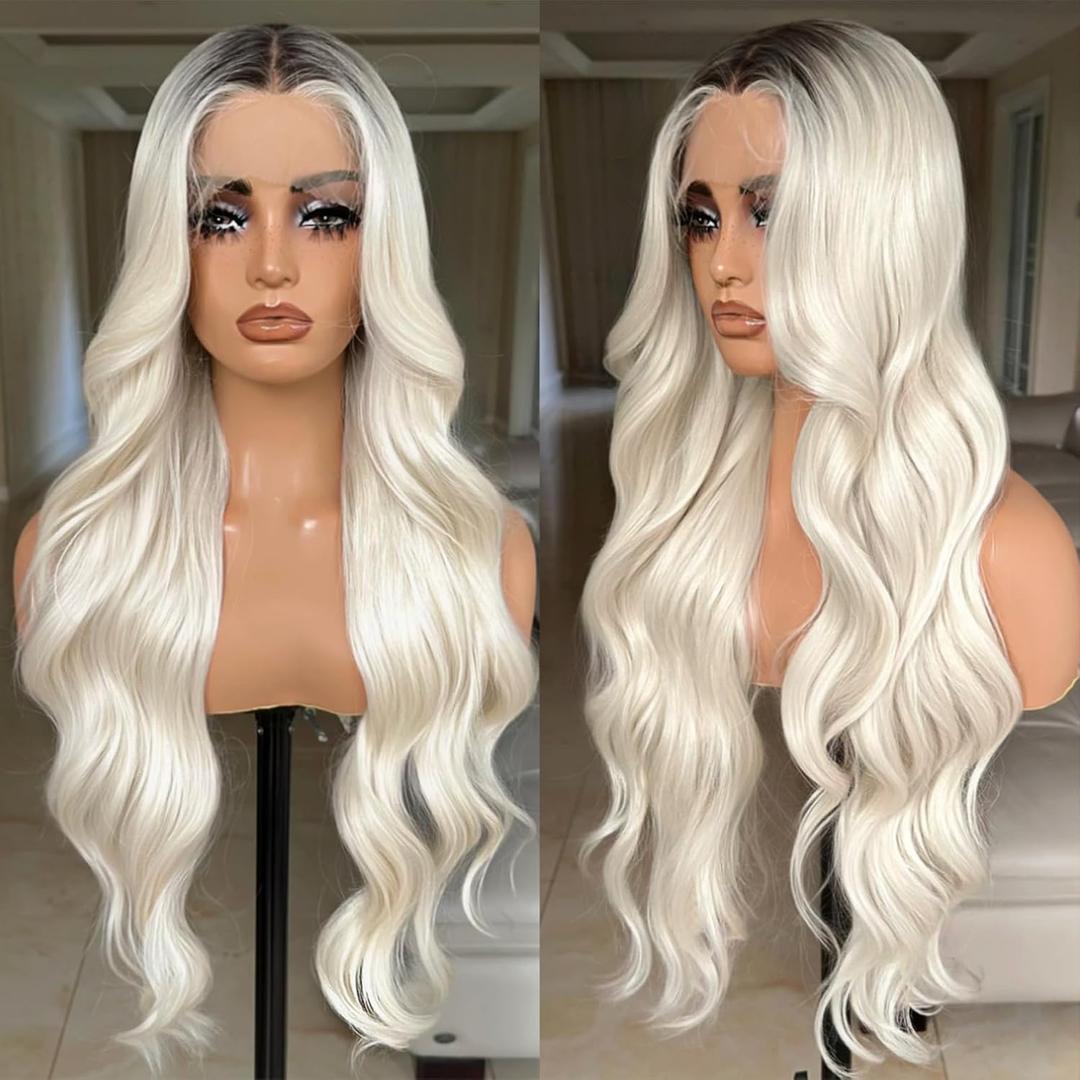 X-TRESS 30 Inch Blonde Lace Front Wigs Ombre blonde wig Body Wave Glueless Wig Middle Part Lace Frontal Wigs Pre Plucked For Women 13x4x1 Synthetic Wavy Wigs with Dark Roots