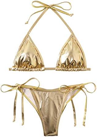 Women's Liquid Metallic Rainbow Bikini Sets Shiny String Padded Triangle 2 Pieces Swimsuit Set, M