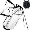 Lightweight Golf Stand Bag with 14 Way Full-Length Dividers, 7 Zippered Pockets and Rain Cover, with Handles and Dual Strap (01White)