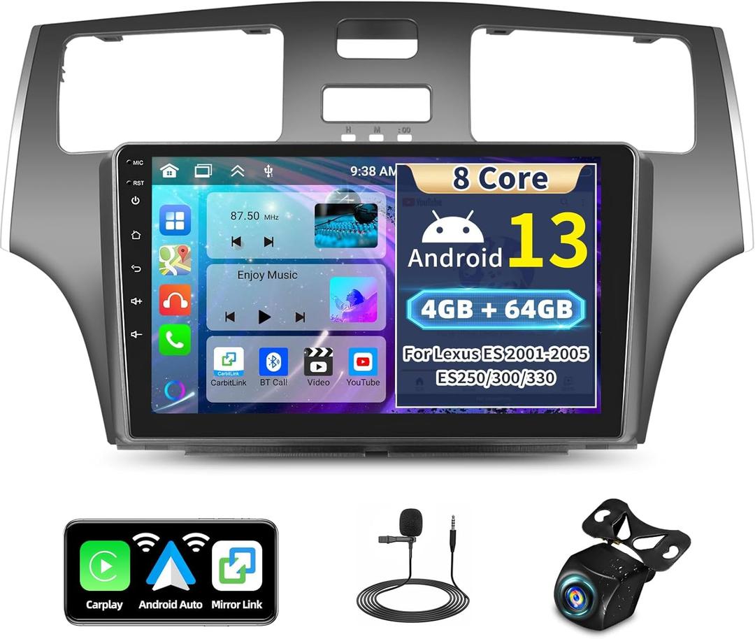 [8 Core 4G+64G] Android 13 Car Stereo Radio for Lexus ES 2001-2005 ES250/300/330 Carplay Android Auto, 9 Inch IPS 1280 * 720 Touchscreen, Bluetooth 5.0 GPS MirrorLink, WiFi,59UI,DSP SWC AHD Camera