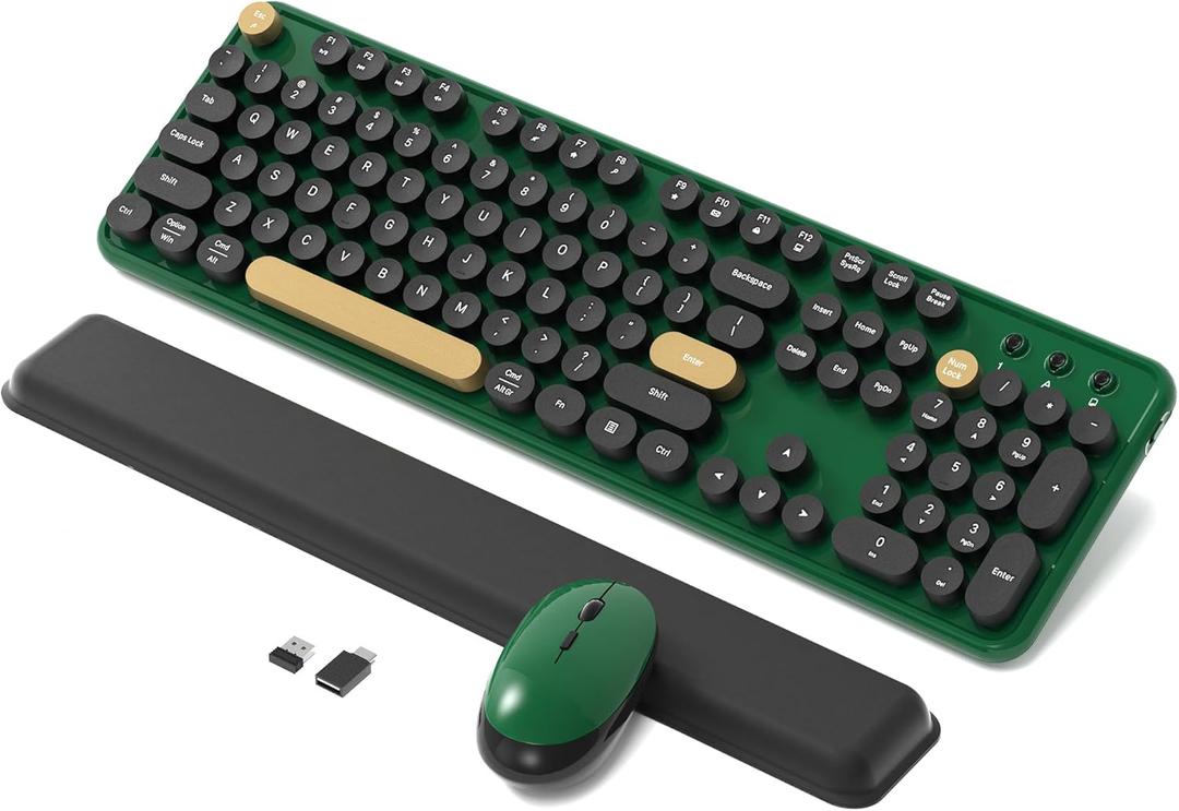 Colorful Wireless Keyboard and Mouse Combo, Retro Typewriter Style Round Keys, 2.4GHz Ergonomic Aesthetic Computer Keyboard with Wrist Rest for Mac, Windows, Laptop, PC(Dark Green)