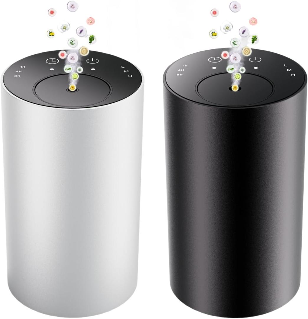 Waterless Essential Oil Diffuser, Portable Aromatherapy Diffuser, Mini Scent Machine, Battery Operated, 1/4/8-Hour Timer, 20ml Capacity, 3 Mist Levels for Home, Car, Room Office.No Included Oil(2pcs) (Black+silver)