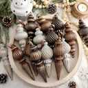 Yunlly 18 Pcs Neutral Christmas Ornaments Textured Christmas Tree Decor with Hanging Loop Modern Brown Hanging Ornaments Finial Shatterproof Decor for Xmas Tree Vintage Rustic Ivory Farmhouse (Classic Color)