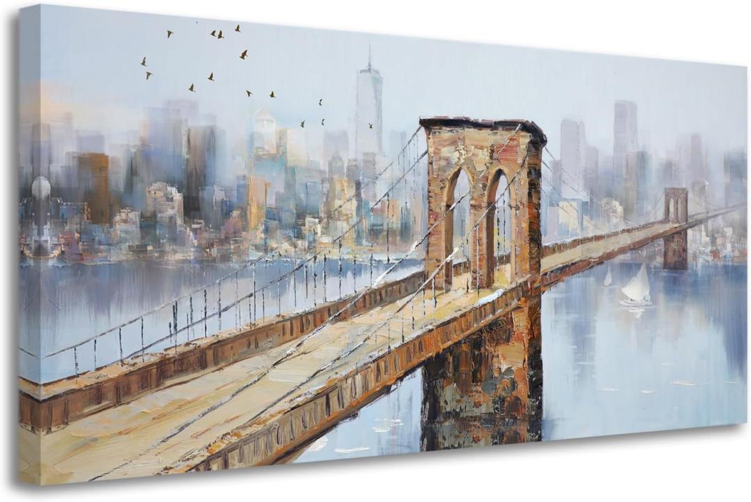 Arjun Brooklyn Bridge Canvas Wall Art New York Skyline City Painting, NYC Picture Textured Artwork Framed for Bedroom Living Room Home Office Wall Decor, Large 40"x20"