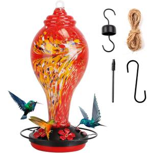Hummingbird Feeders for Outdoors Hanging, 33OZ Hand Blown Glass Hummingbird Feeder with 5 Perches, Ant Moat, Balcony Yard Porch Backyard Decor Gifts for Women, Bird Lover, Red
