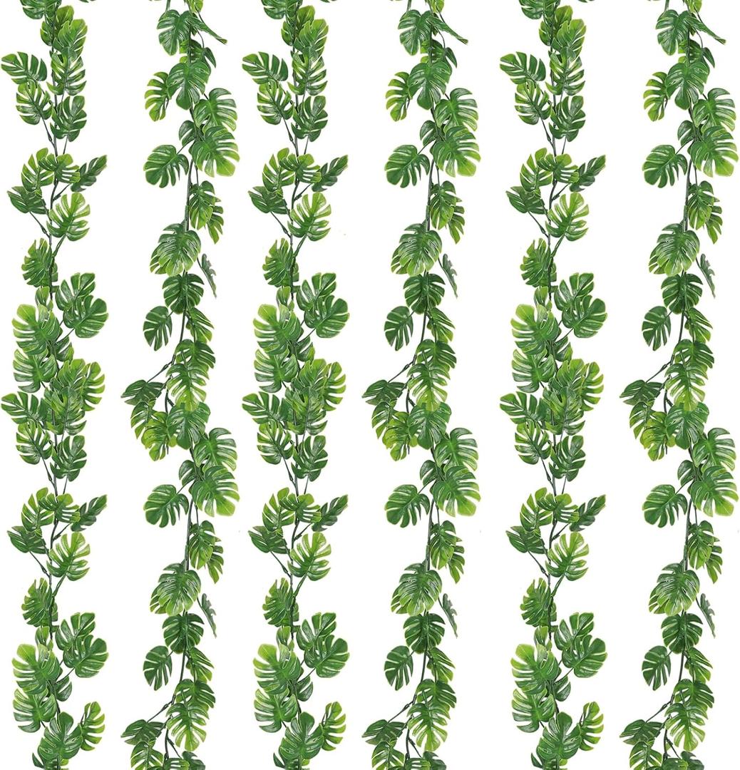 RECUTMS 6Pcs Artificial Monstera Leaf Vines, 5.9FT Faux Tropical Monstera Garland Fake Hanging Plant Ivy Palm Leave Greenery Vine for Garden Porch Patio Jungle Luau Party Birthday Indoor Outdoor Dcor