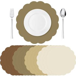 Tinlade Tinlade 80 Pcs Brown Paper Placemats 13 Inch Disposable Place Mats Decorative Round Scalloped Table Placemats for Wedding Banquet Bridal Birthday Party Supplies Dining Tableware Decor