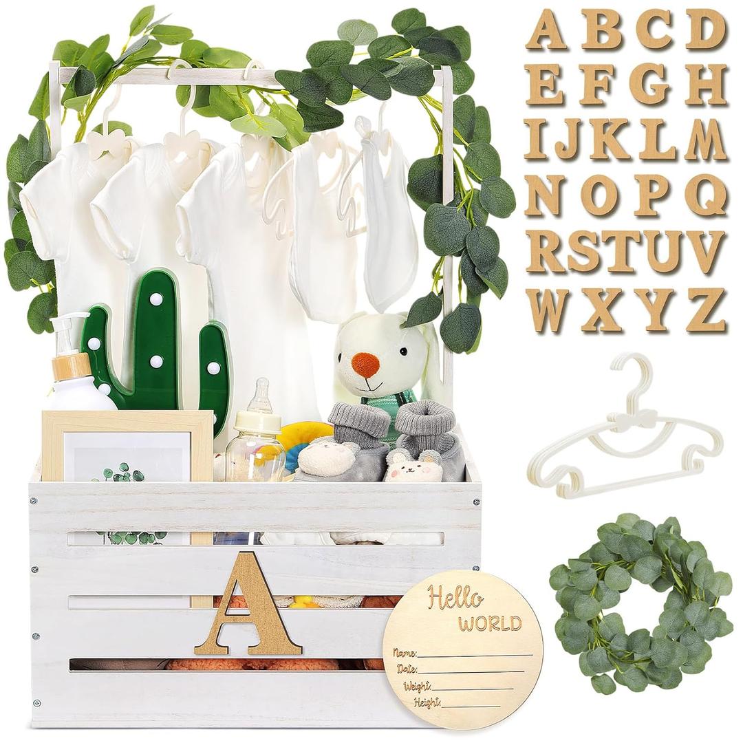 Barydat Wooden Baby Shower Crate Closet Basket with Handle Baby Announcement Sign Garland Hangers Large Letter, Wooden Gift Crate, Letters for Pregnancy New Parent Party(White)