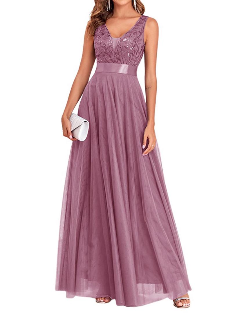 YHHOWEP Women's Formal Dresses Long Evening Gowns Tulle V Neck Sleeveless Sparkly Sequin Cocktail Party Wedding Guest Dress Mauve S (S)