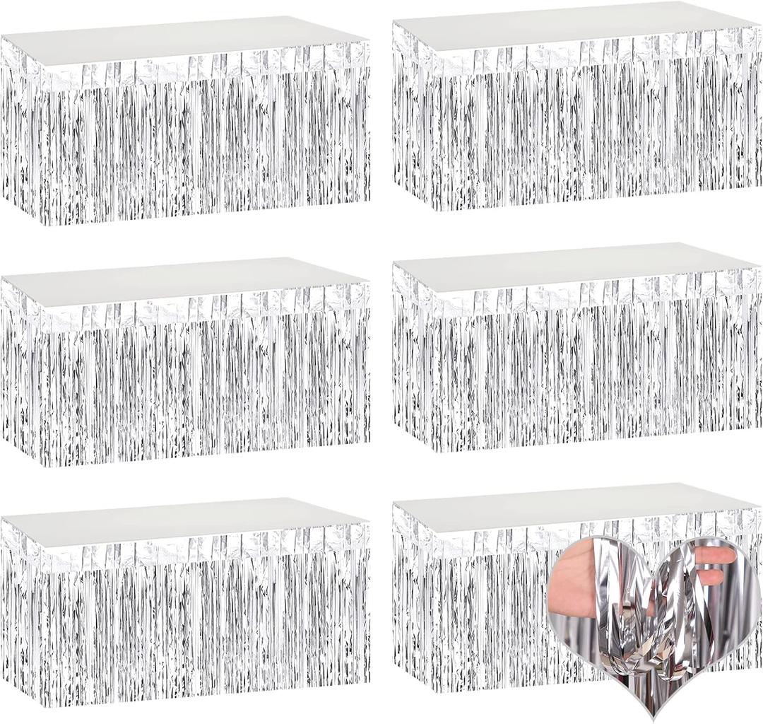6 Pack 29x108 Inch 2024 New Year Metallic Foil Fringe Table Skirts Banner for Tinsel Streamer Garland Curtains Backdrop for Parade Floats Wedding Baby Shower Birthday Party Decoration Silver