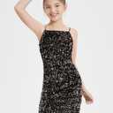 EXARUS Girls Sequin Spaghetti Strap Bodycon Dress Teen Sparkle Pencil Party Mini Special Occasion Birthday Velvet Dress (Black, 8Y)