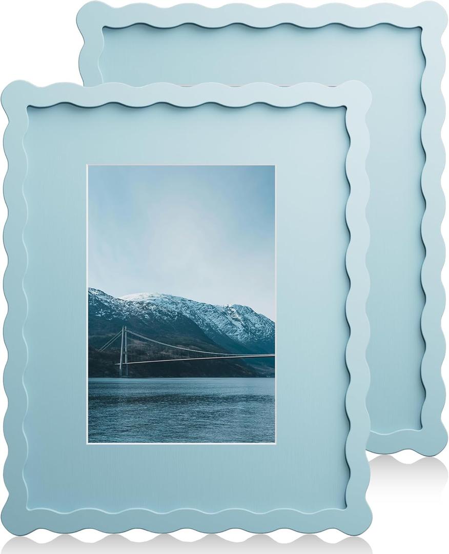 8X10 Wavy Picture Frame With Mat For 5x7, Wavy Edge Wooden Picture Frame with Real Glass - Wall Mount and Tabletop Display, Blue, 2 Pack