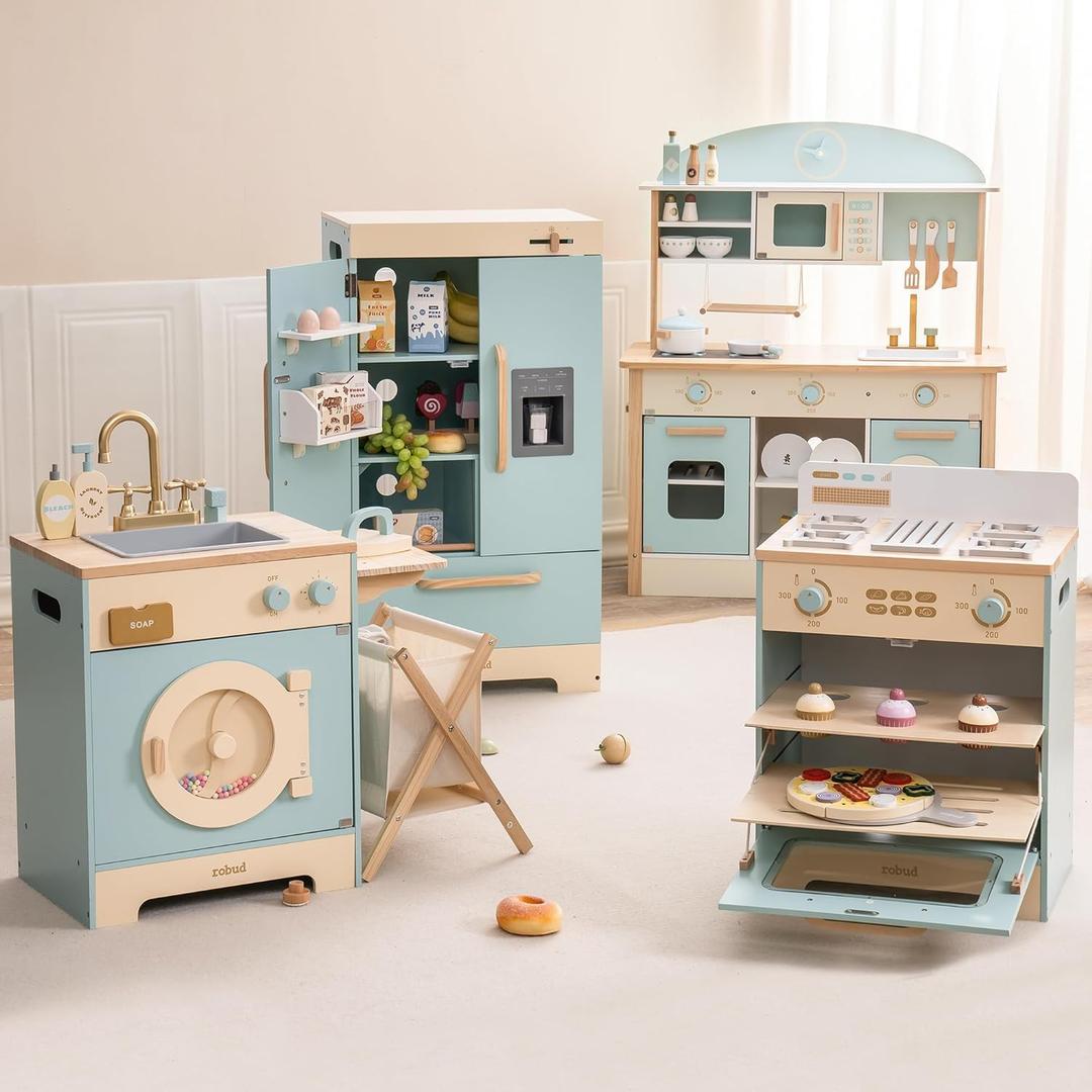 ROBOTIME Wooden Play Kitchen, Toddler Kitchen Playset with Oven, Fridge & Washing Machine, Kids Kitchen Playset Gift for 3+ Year Old Boys & Girls, Small
