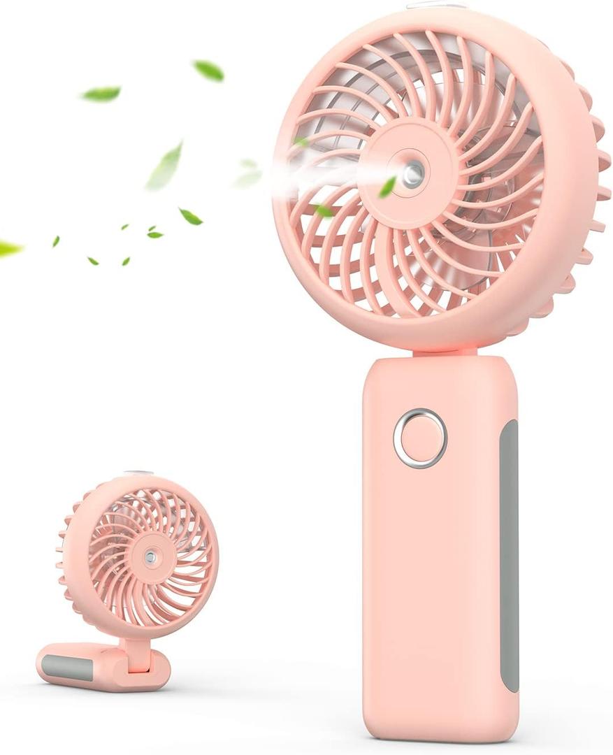 Portable Handheld Misting Fan, 4000mAh USB Rechargeable Personal Mister Foldable Fan Battery Operated Spray Water Mist Fan Makeup Small Face Steamer for Travel Outdoors Office Pink