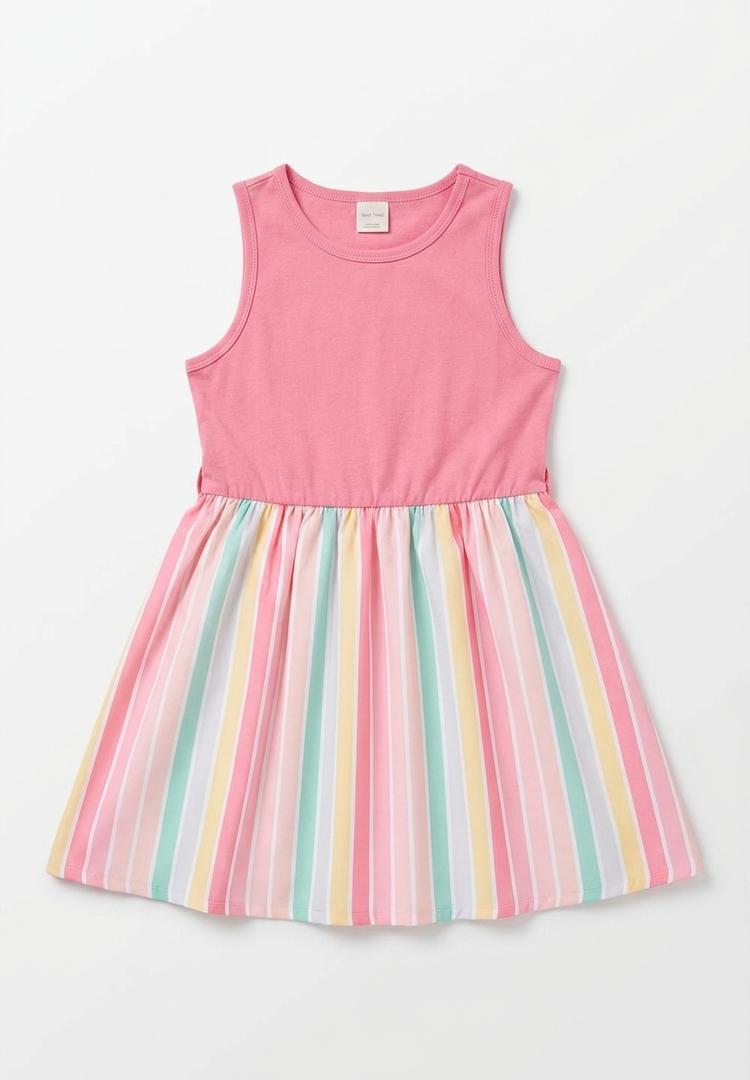 Hilinker Girls Rainbow Sleeveless Pleated Dress Summer Tie Knot Tank Dresses with Belt Pink Multicolor 9-10 Year