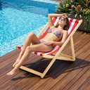 Solid Wood Folding Beach Chair, Adjustable Reclining Sling Chair with Red White Striped Canvas, Portable Outdoor Lounge Chair for Patio, Balcony, Poolside & Camping, No Assembly Required