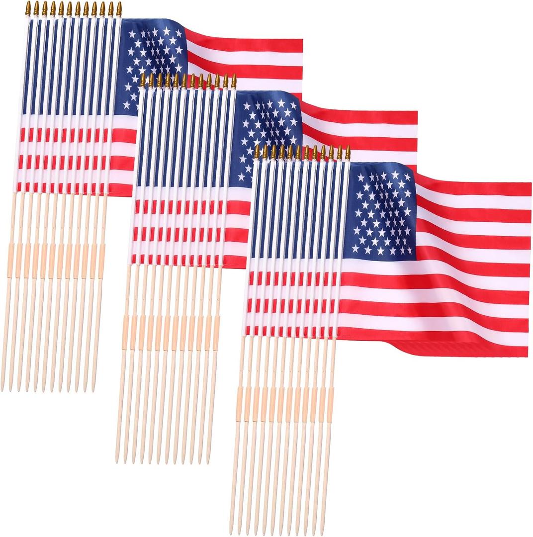 Mindsoft 18 x 12 Inch American Flags on Stick 250th Handheld USA Flags with Spear Top 4th of July Decorations Ground Wood Flagpole Pluggable Stick for Memorial Day Independence Day Parades(36 Pack)