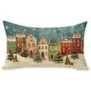Fahrendom Christmas Village House Lumbar Decorative Rectangle Pillow Cover 12 x 20, Xmas Tree Snowy Porch Patio Outdoor Pillowcase, Winter Holiday Farmhouse Sofa Couch Cushion Case Home Decor