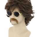 70s Men's Wig Set Rockstar Hippie Wig for Men Retro Shaggy Brown Wig with Fake Mustache 70s Disco Costume Wigs