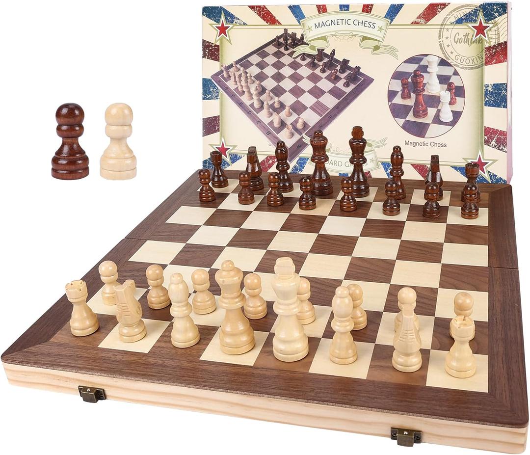 Gothink Chess Set Board Games for Adults, 15'' Handcrafted Wooden Game Board with 2 Extra Pawn Pieces & Storage Box Instructions, Folding Chess Game for Tournament Professional Beginner - Non-Magnetic